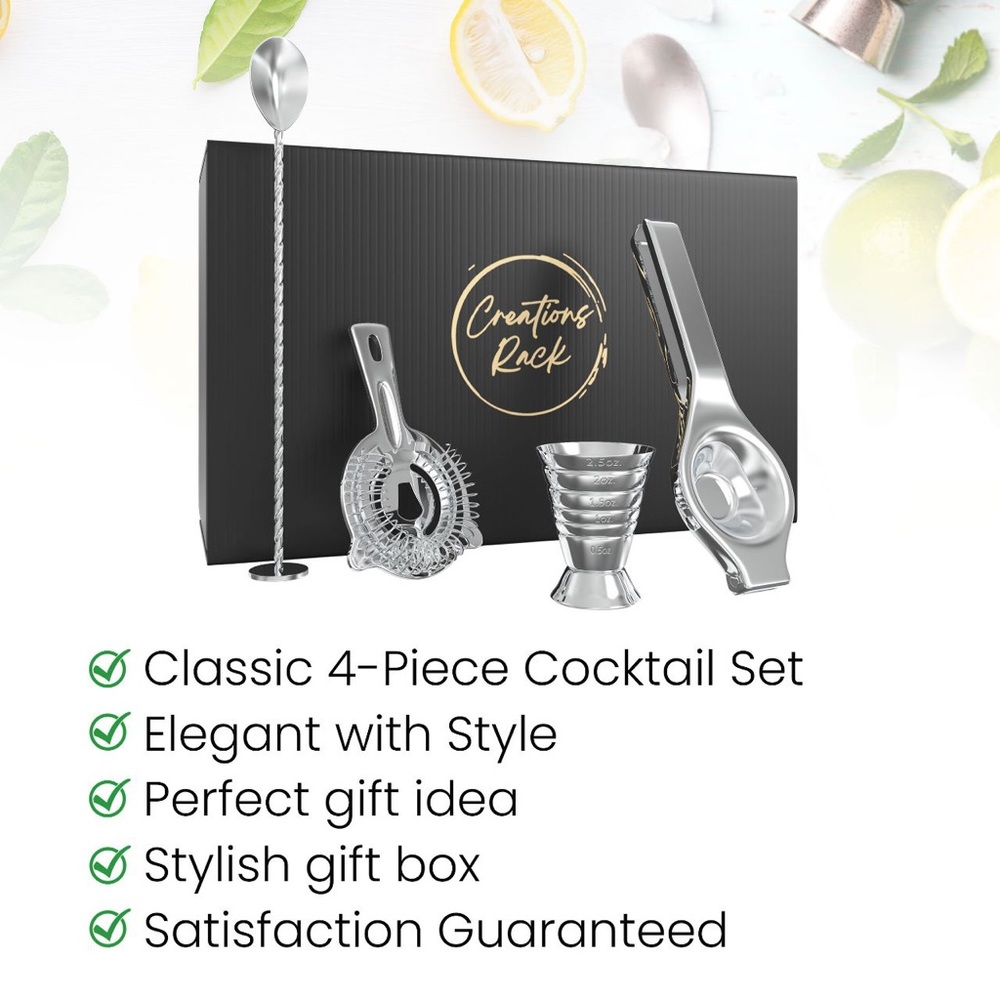 Stainless Steel Cocktail Kit - 4-Piece Set with Strainer, Jigger, Spoon
